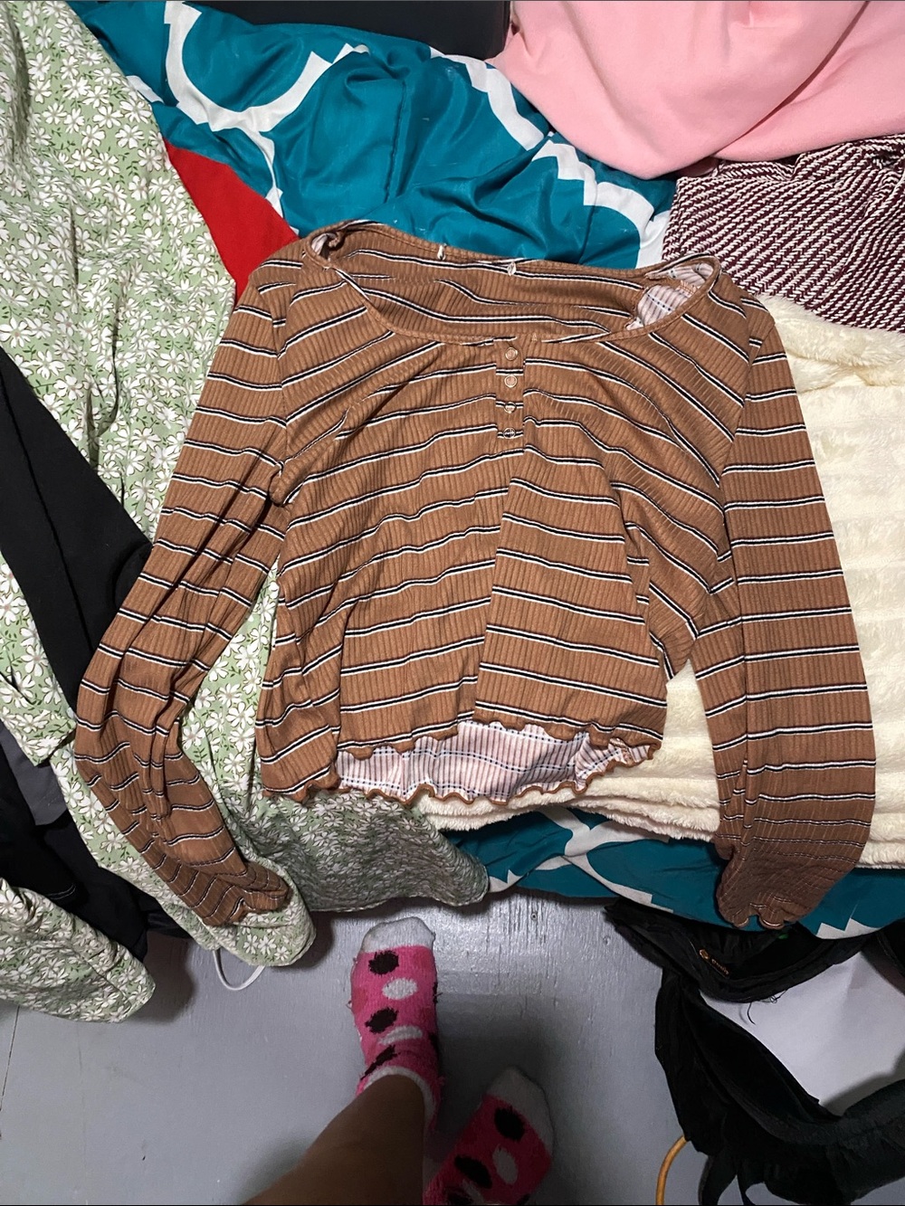 Striped Brown Ribbed Long-Sleeve Crop Top
